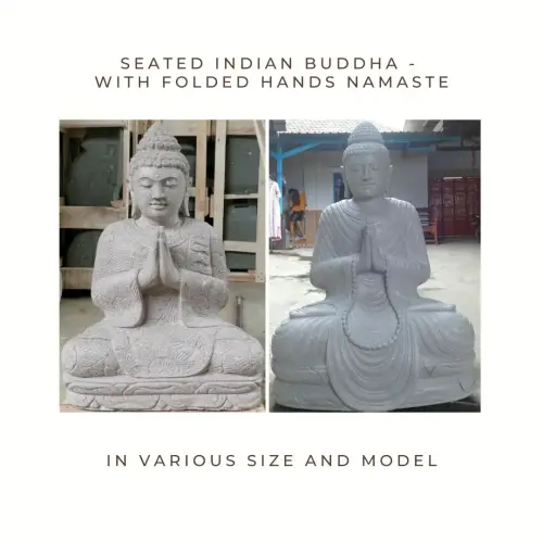 Product image of the product “Seated Indian Buddha - with folded Hands Namaste, in the sizes from 60cm to 150cm. Regular cape and Flower pattern cape models, Natural finish ”